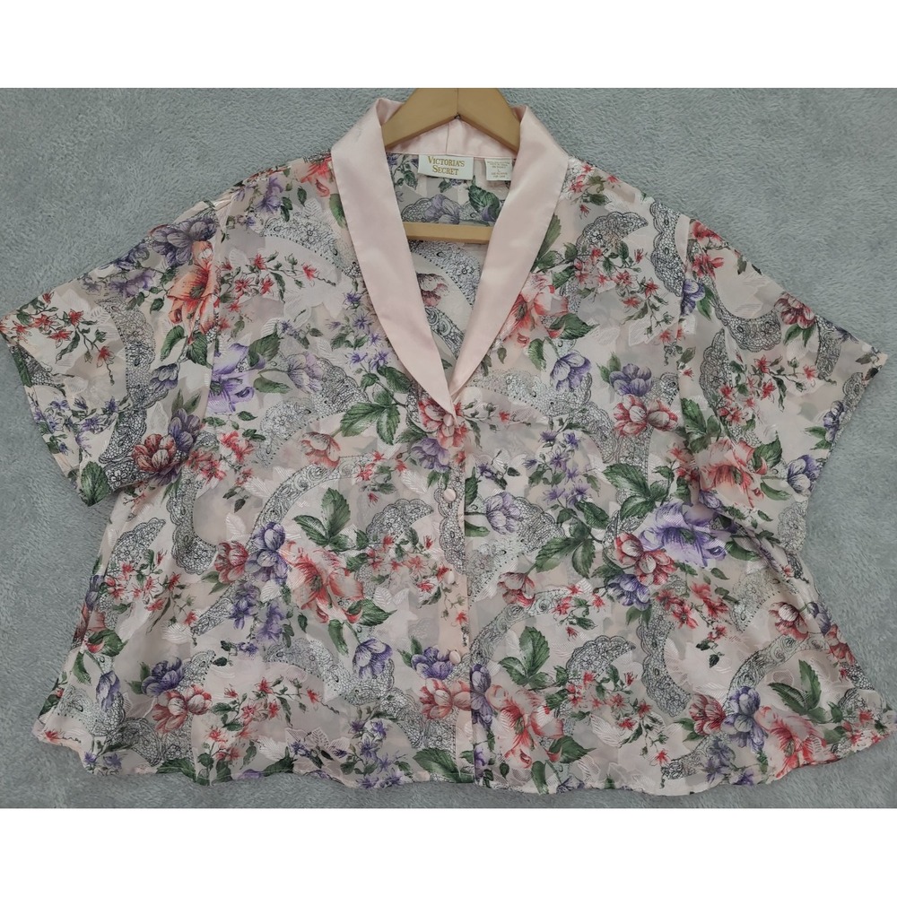Victoria's Secret Pajama Top Womens Lg Satin Floral‎ V-Neck Button Up